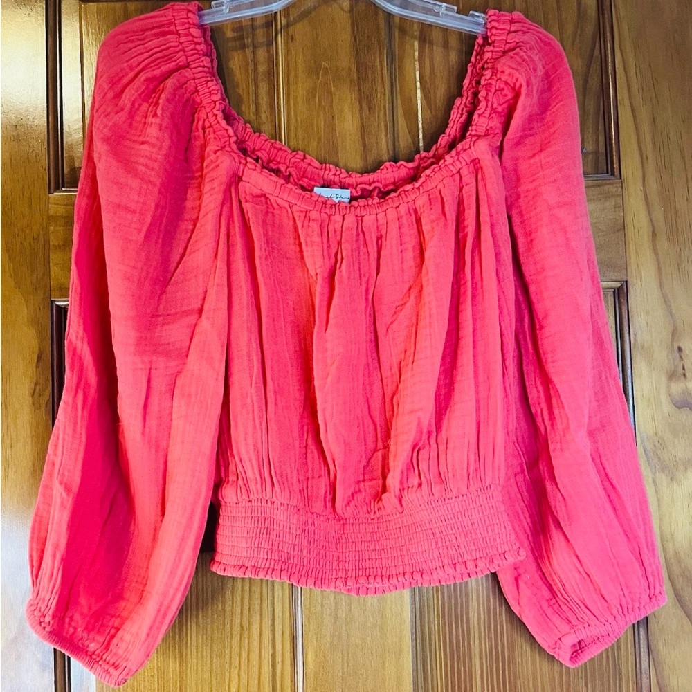 Michael Stars Kate Coral Gauze Blouse Puff Sleeve Square Neck Boho Summer L